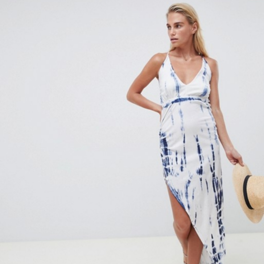 Tie Dye Ruched Side Halter Jersey Maxi Beach Dress
